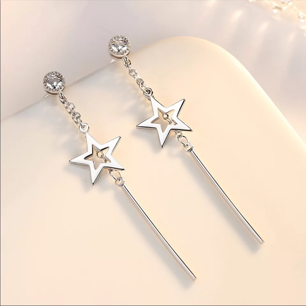 Sterling Silver 925 Star Long Chain Stud Earrings - Picture 1 of 5